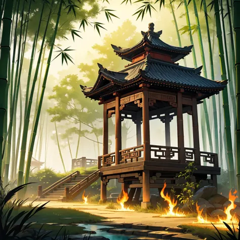 masterpiece,  Top quality ,  Detailed , Film Art , 4K, Background and : A gazebo in an ancient Chinese city, Burning bamboo forest on a dark night