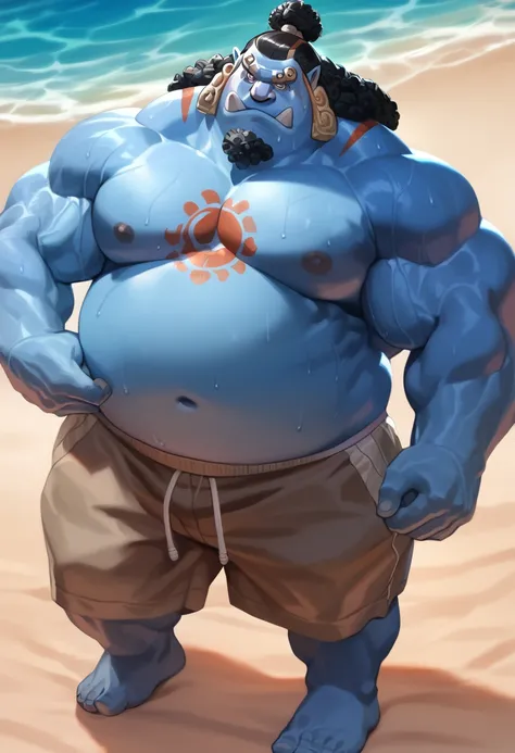 solo, 1boy, Muscular ,jinbe, blue skin, shorts, beach, wide shoulder, thick arms, (chubby, belly), wide pectoral, massive muscle, beach, short hair:1.2, detailed eyes, focus eyes, sweat, shirtless, masterpiece, semirealistic:1.2, high detailed, 8k, high re...