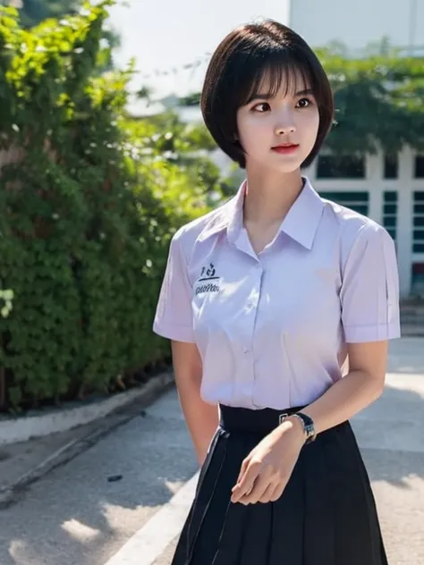 (photorealistic:1.4),Best quality, masterpiece ,Thai classroom, 1girl ,(mathayom uniform),white shirt short sleeves,(black pleated long skirt:1.2),short hair , Pretty thai woman short hair , big breasts
 