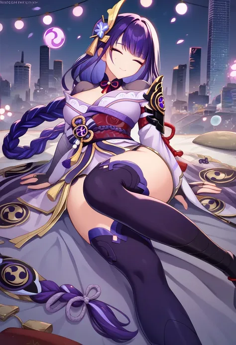 (masterpiece), (best quality), (ultra detailed),(disheveled hair),(illustration), (1girl), standing, smiling, beautiful, detailed eyes, Raiden Shogun, perfect face, purple eyes, long hair, purple hair, braid, sidelocks, blunt bangs, wearing tactical clothe...