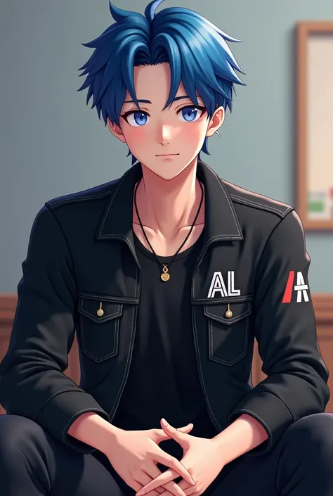 Anime 3D anak cowok umur 18 tahun ke atas,memakai jaket jeans warna hitam,ada nama AL di bagian dada,rambut warna biru ,memakai kalung emas simple,muka korea,kedua tangan menyatu ke depan,lagi duduk