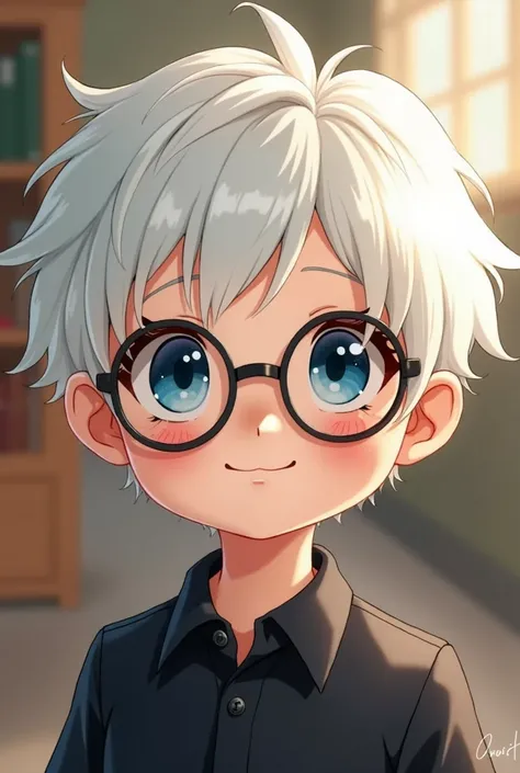 Gojo ,  Boys , Short white hair , In blue round eyes , cute , Round Black Eyeglasses , black shirt,Boys School Dress 