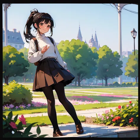 ( High Quality ,  high definition , Very detailed, reality:1.37), Peaceful atmosphere, (Outdoor, garden),  teenage girl standing alone,  Beautiful details,  cute smile with blush, ( BLACK HAIR PONYTAIL ), Ribbed sweater,Brown skirt, Black tights,  brown lo...