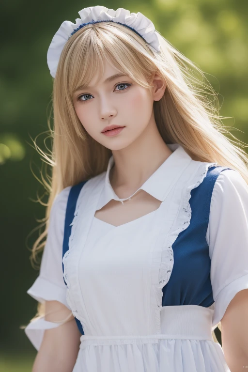 ((masterpiece)), (( best quality)), (( high definition )), (( detailed background)), (( a very detailed CG UNITY 8K wallpaper)), Alone, Shiona,  blond hair, Long Hair,  blue eyes, Hair bundle,  COWBOY SHOOTING , Outdoor, (( maid clothes))