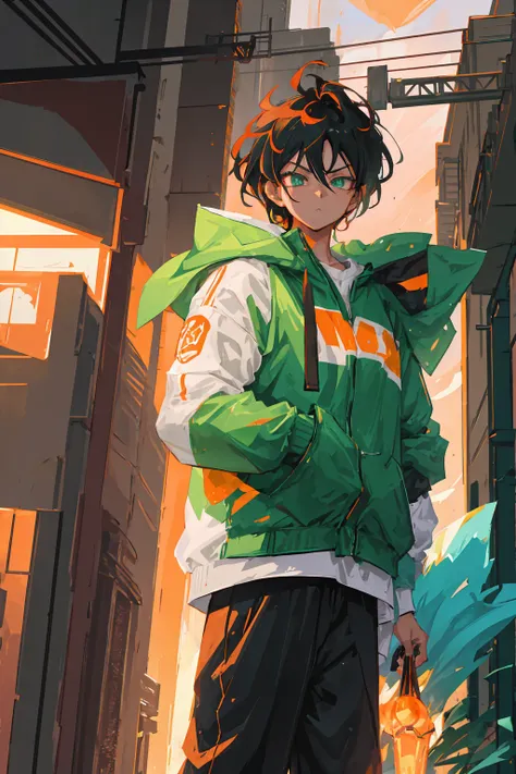 Young Saiyan warrior with spiky black hair and bright green eyes, wearing a white jacket with emerald green accents and a dark green shirt underneath. He has a confident and determined expression, standing tall in a futuristic city street with glowing neon...