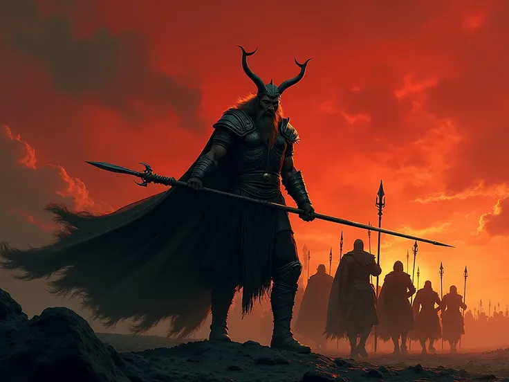 Odin,  with his Gungnir spear and his shining armor ,  leads the gods and the Einherjar .  The composition must be minimalist ,  with silhouettes of warriors behind him marching to the battlefield.  The background is a red and black sky ,  full of tension ...