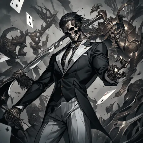 muscular skeleton in elegant suit with cards in one hand and a scythe in the other
