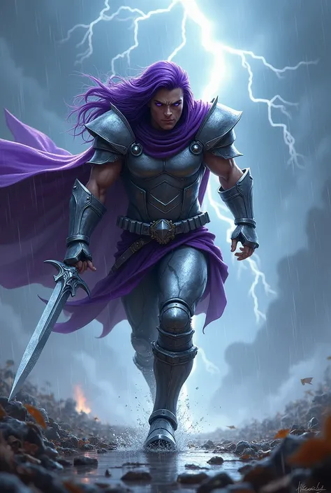  warrior in armor , long purple hair,  Violet Eyes, under the rain,  there are lightning ,  carries a sword and runs forward screaming with appearance. purple cape ,  determined and furious . Simple body .  silver boots . Environment.