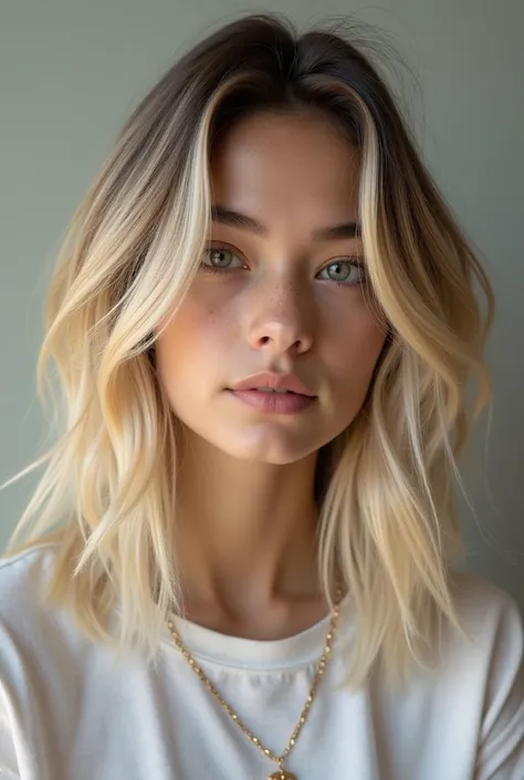 Create an image of a blond American with dark roots ,  the ends of the hair pull the same color as the roots but in a lighter shade,  teenager 