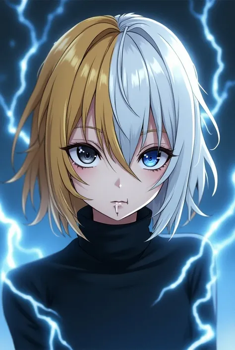 An anime character with hair on the right side blond and left side white ,  eyes right black and left blue ,  small eyes, white skin, shoulder-length hair, serious face, a slight scar on the mouth, looking like lightning, and a menacing look 