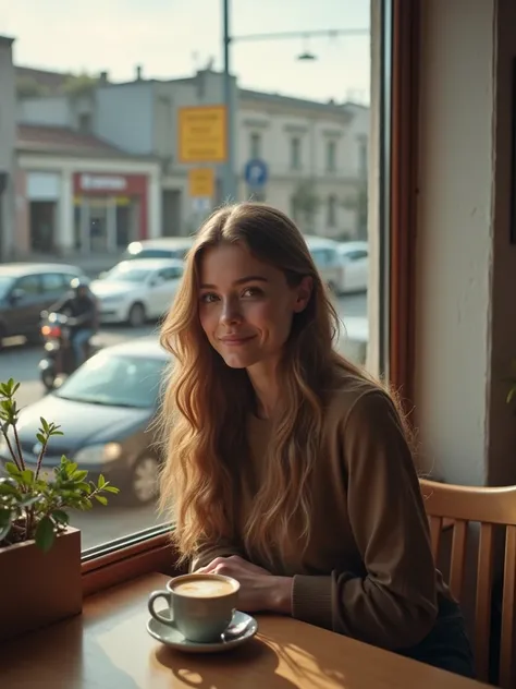 Morning café Beautiful young lady, outside the window, with a view of cars and motorbikes on their way to work.