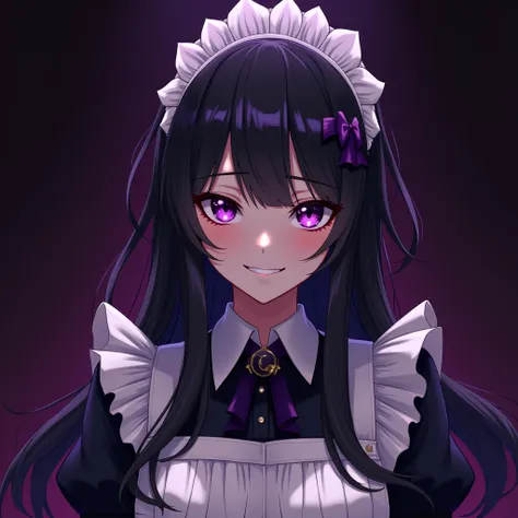 (masterpiece, melhor qualidade:1.2) A Maid, Long Black Hair, Purple Eyes, Mocking Smile, Dark Purple Background, Anime.