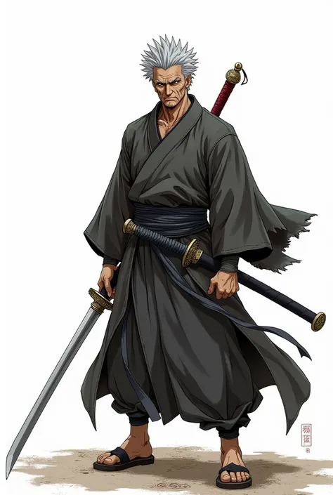 "A 48-year-old man with short, spiky gray hair, wearing a worn-out traditional battle outfit resembling a dark-toned kimono. He has a serious and determined expression, with light scars on his face, reflecting years of combat experience. His posture is str...