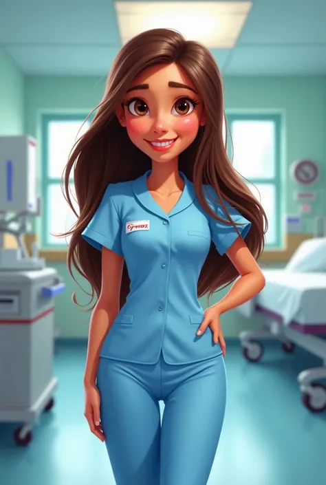 Pixar drawing of Nurse with cap 
with long brown hair and uniform light blue with the name on the Eyra Torrez uniform in the background of a hospital 