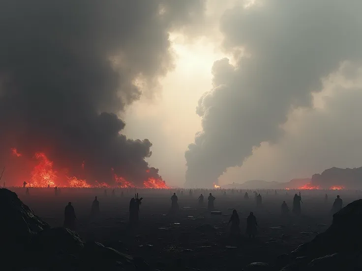  A minimalist landscape depicting the final battlefield . Armies of gods and monsters clash in the vast expanse of Vigrid,  with silhouettes of warriors and creatures on the horizon .  The sky is full of smoke and rays ,  and the ground is covered with ash...