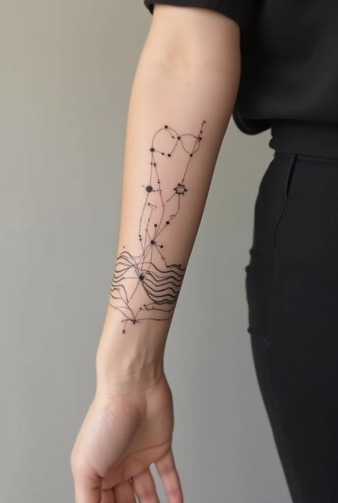 Arm sleeve tattoo ( feminine or neutral )  in geometric with fine lines.  essential to be based on the Aquarius constellation 