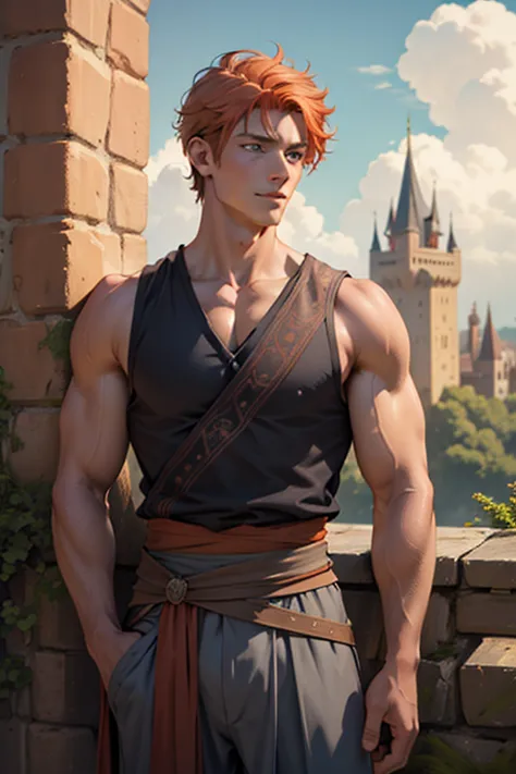 photo-realistic. a pleased, tall, handsome, fit, 24-year-old caucasian medieval prince, with short, fade-cut, burnt orange hair,...