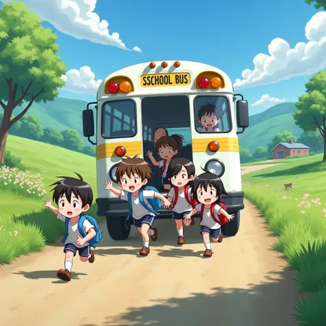 Generate an animated image of several ren getting off a white school road
