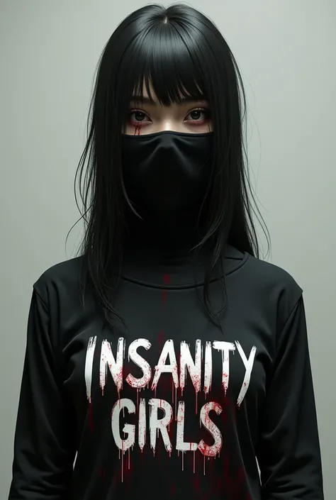 A game character wearing a black mask covering her neck, nose and mouth with long straight hair, a little messy with the name and large Insanity Girls, well highlighted with her clothes slightly honeyed with blood written Insanity Girls in front of her.