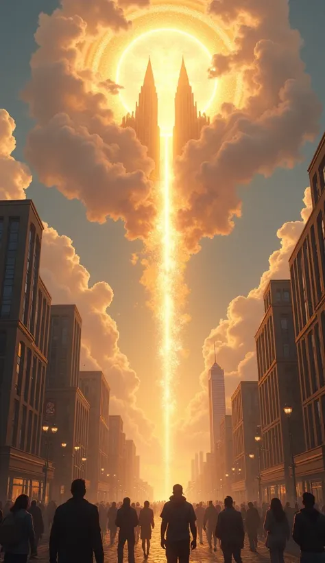 "A majestic vision of a heavenly kingdom descending from the clouds onto a bustling modern city. The kingdom is adorned with golden gates, shining towers, and a peaceful, glowing aura. People below look up in wonder, with light connecting the divine realm ...