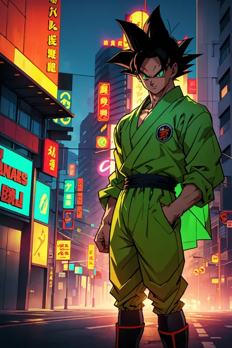 Young Saiyan warrior with spiky black hair and bright green eyes, wearing a white jacket with emerald green accents and a dark green shirt underneath. He has a confident and determined expression, standing tall in a futuristic city street with glowing neon...