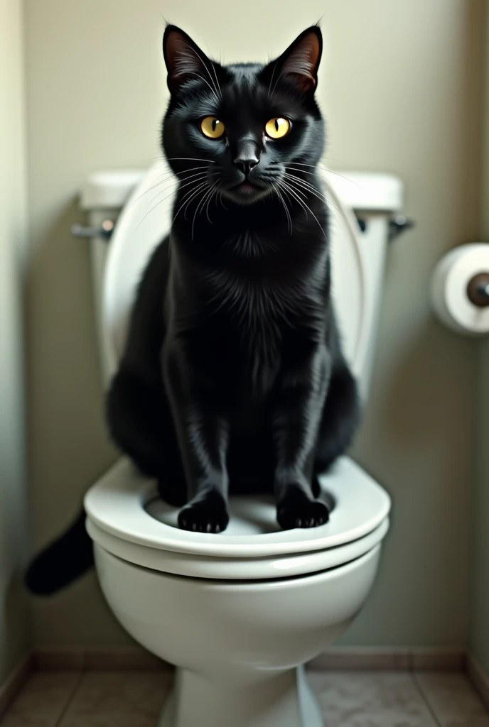 "A realistic depiction of a black cat with bright yellow eyes urinating in a human toilet. The cats back legs are on the toilet seat, while its front paws rest on the tank. The cat is gazing directly at the viewer with an attentive expression, creating a h...