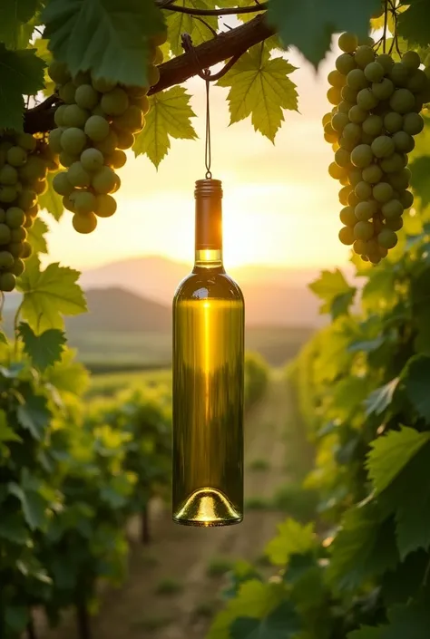 " An elegant wine bottle , without label or sticker ,  hanging in a vineyard surrounded by branches and grapes ,  surrounded by clusters of fresh and green grapes .  It is suspended between the vines ,  surrounded by detailed leaves and grapes that seem to...