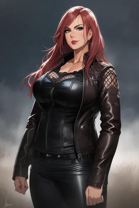 Busty middle aged woman with black and red.   Shes wearing a black lace rimmed tank top under a leather jacket.   She has jean pants and combat boots on.   Shes standing tall and proud 