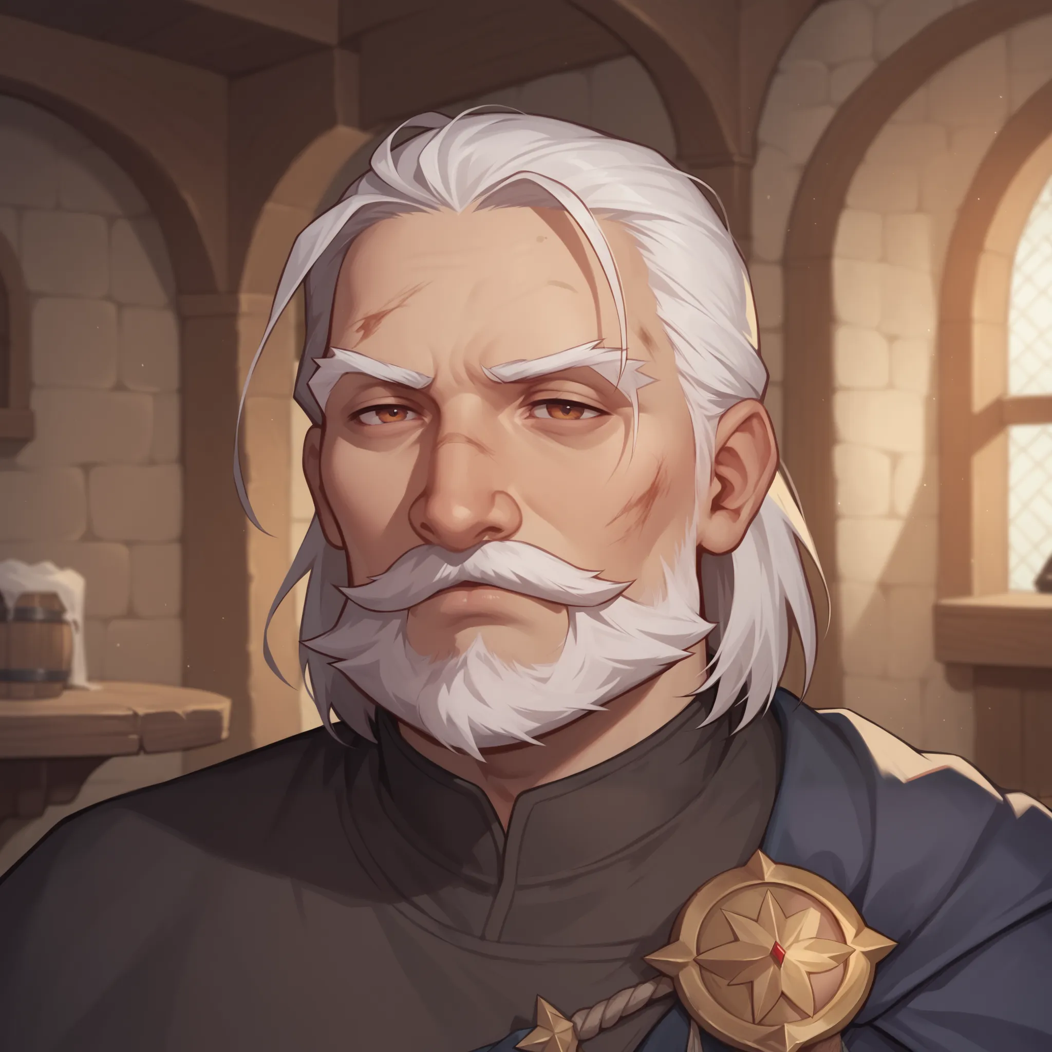 (((beautiful, high quality, detailed face))), score_9, score_8_up, score_7_up, break, old man, mustache, beard, medium hair, str...