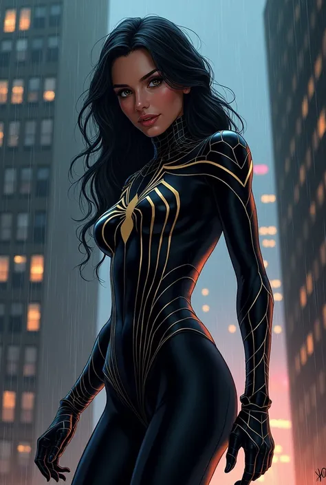 black and long and wavy , loose hair, brown eyes eyes almond-shaped eyes light dark skin in a Spider-Woman costume with a  , And the color black watching the streets of New York at night standing on top of a building while its raining with Miguel OHara fro...