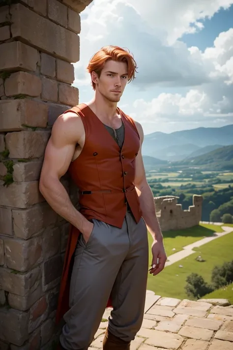 Photo-realistic. A pleased, tall, handsome, fit, 24-year-old Caucasian medieval prince, with short, fade-cut, burnt orange hair, and blue eyes, wearing a red and tan sleeveless tunic, with gray trousers, standing on a castle wall, looking out to the distan...