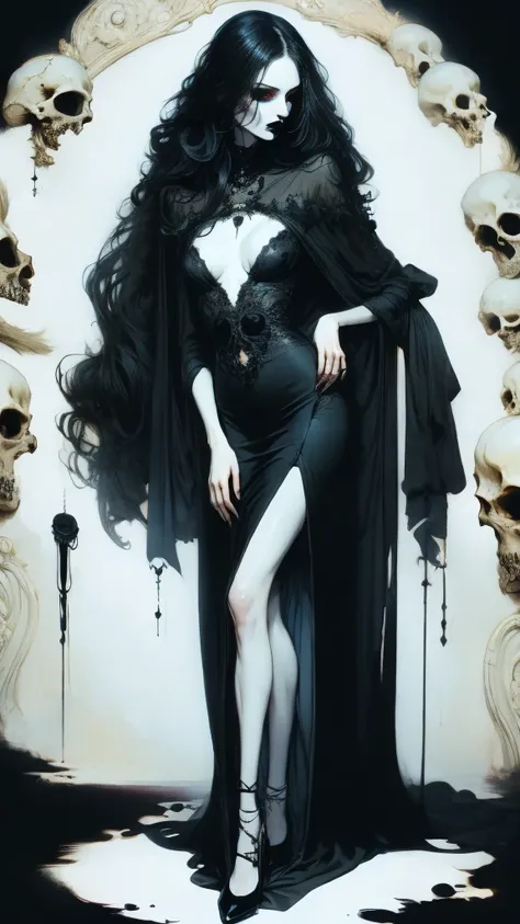 Vampire woman , (vampire), (goth vampire) ( full body), 8K, (( open eyes )),  full body, flawless face,  Girl with a soft body ,  Beautiful woman,  perfect face , (symmetrical), ((1 girl)), gothic beauty,  pale skin,  open eyes , ( open eyes  y detallados)...