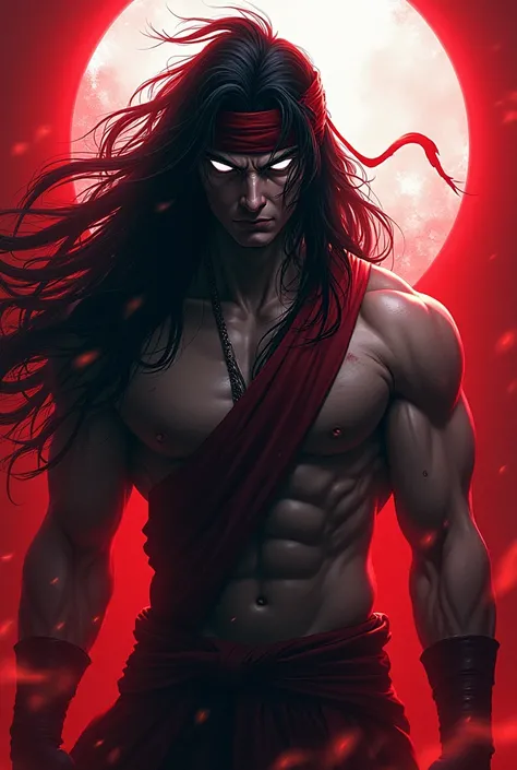 He has piercing sharp monolid eyes, long mane of dark hair, and wears headband, His presence is commanding, half vertical face mask, marked by battle scars and a chilling authority. Dark energy crackles around him, enhancing his ominous and fearsome appear...