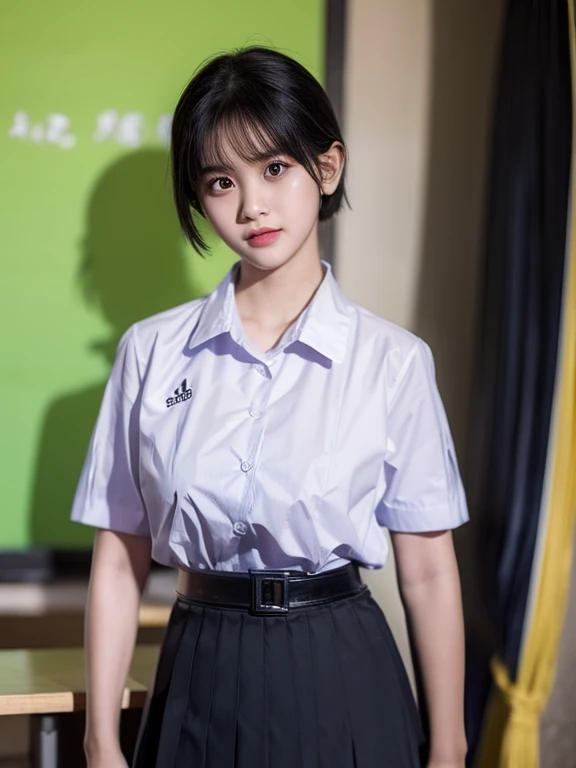 (photorealistic:1.4),Best quality, masterpiece ,Thai classroom, 1girl ,(mathayom uniform),white shirt short sleeves,(black pleated long skirt:1.2),short hair , Pretty thai woman short hair , big breasts