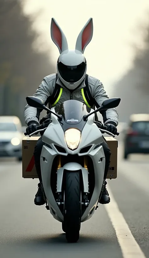 Ultra-realistic image in 8k of A White and Agile Rabbit, with humanoid body, riding a sports motorcycle.  He wears a jacket with fluorescent details and a black helmet,  with long ears sticking out .  It seems determined ,  crossing a busy road at high spe...