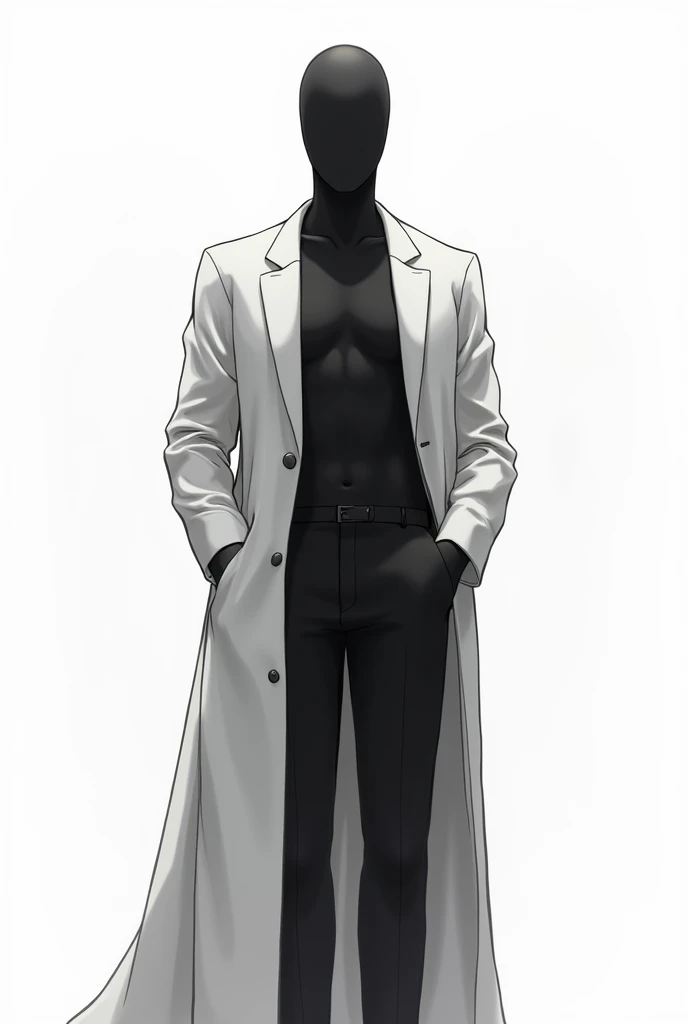 Create a faceless character with no hair and no eyes, entirely black in appearance, wearing a sleek white suit. The figure emanates an aura of mystery and menace, standing in a neutral yet imposing posture. Background completely white, anime style similar ...