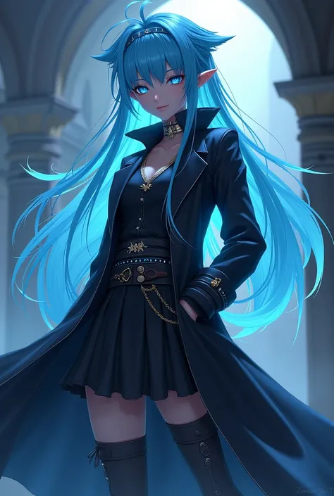 Jinx　My character　My hair is bluish and my hair is quirky 　Long Hair　His eyes are shining　 magic 　Unprecedented　 Im also calm
black jacket　female　There is an ornament　Dynamic　