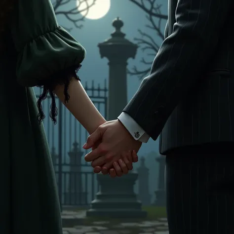  Draw a drawing of realistic hands intertwined ,  the girls hand is very white .  Her sleeve is all black with scraps of fabric hanging.  The boy has his sleeve in a diplomatic stripe suit. In the background you can see a Gothic cemetery , Night,  with the...