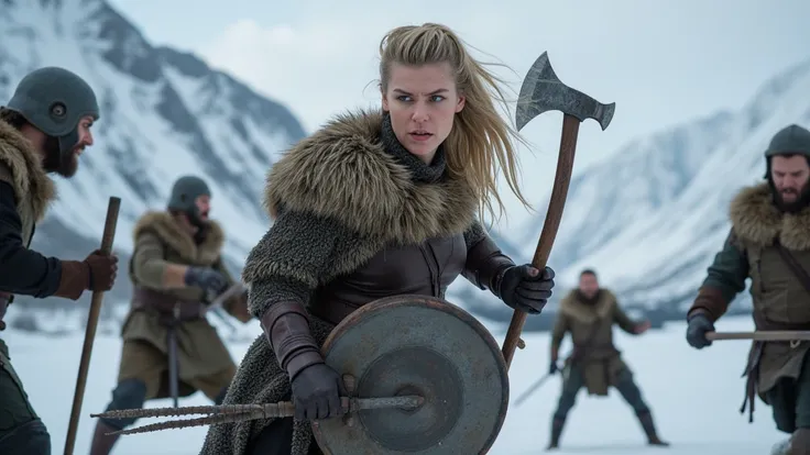 An angry female Berserker warrior, hair short on one side of her head and long on the other, blonde and blue-eyed, with an axe in one hand and a shield in the other, in an attack position, against the backdrop of a mountainous and icy place, and several ot...