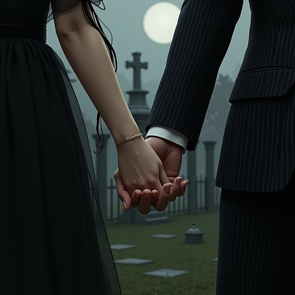  Draw a drawing of realistic hands intertwined ,  the girls hand is very white .  Her sleeve is all black with scraps of fabric hanging.  The boy has his sleeve in a diplomatic stripe suit. In the background you can see a Gothic cemetery , Night,  with the...