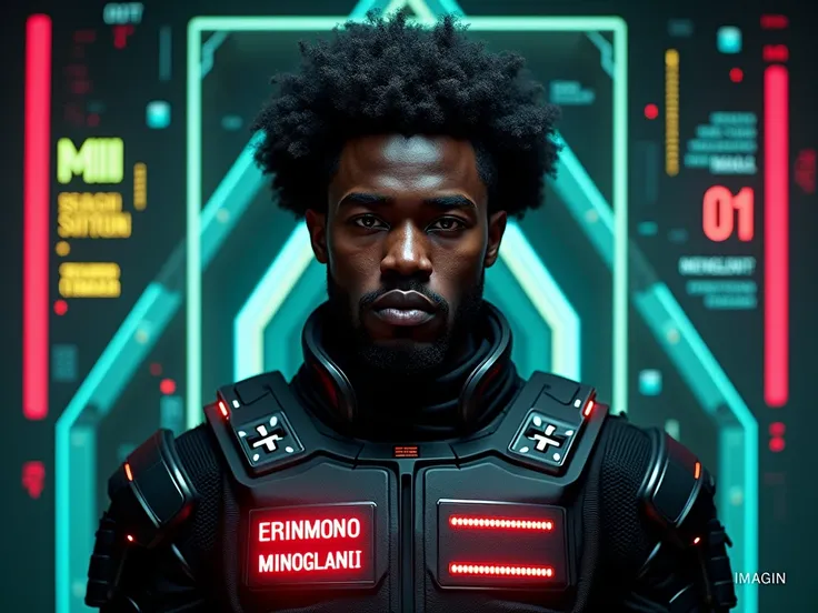 black person with technology innovation artificial intelligence elements design black person. A centered, close-up portrait of a man with a serious expression, wearing a futuristic black tactical suit with high-tech features. The suit is highly detailed wi...