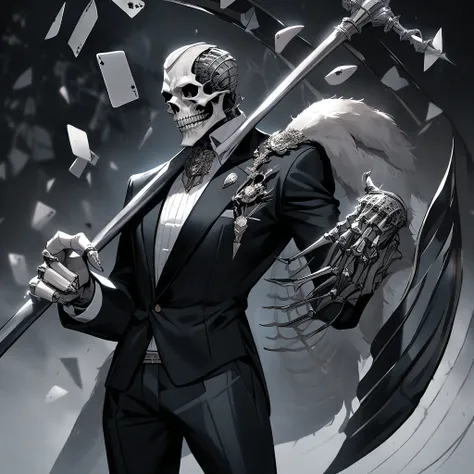 muscular skeleton in elegant suit with cards in one hand and a scythe in the other
