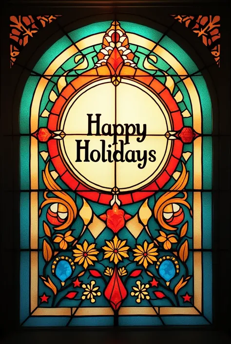 Stained glass window plot design that says Happy Holidays