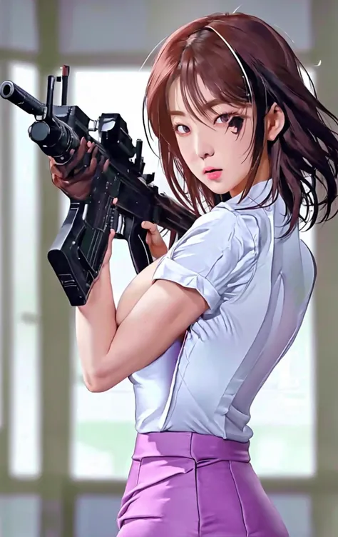 camera back view facing real person eyes open realistic beautiful japanese office lady white shirt tight mini skirt satin violet stance legs open spreading arms straighten full portrait holding rifle gun back view facing sexy legs waist level aiming target...