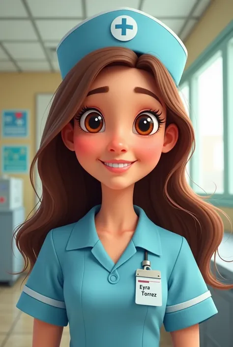 Pixar drawing of a nurse wearing a cap with long brown hair and a uniform light blue color with the name on the Eyra Torrez uniform in the background of a hospital 