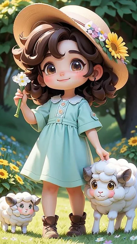 "a young shepherd, Davi,  with curly brown hair and extended eyes ,  smiling while tending to cute sheep in a lush green field .  There are colorful flowers around and the sun gently illuminates the scenery. Pixar-style animated style  ,  with developed te...