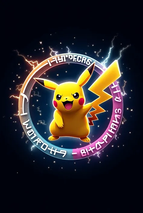 I need you to create a circular logo like a medal that Pikachu with expressions and silhouettes is in the center making an impact with electric rays that come out of his cheeks and tail and form the word thunder in the upper part of the logo and in the low...