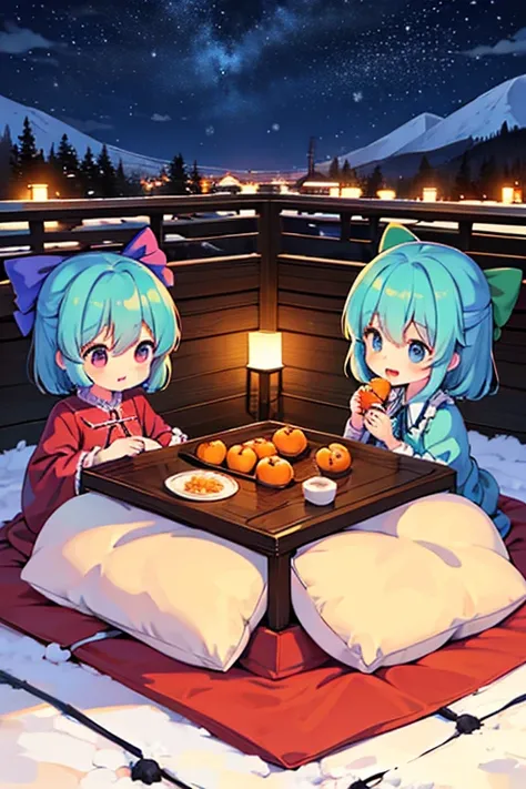 Cirnos group (touhou) On a snow-covered winter night, many Cirnos are eating tangerines at the kotatsu.