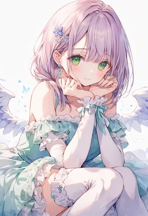 ((best quality, high resolution)), (delicate illustration), (pastelcolor style illustration:0.7), (watercolor style illustration:0.4), ((beautiful:1.3)), 4k,

((beautiful lady)), ((medium breasts)), (shy), happy, Green eyes, low twintails, light purple hai...