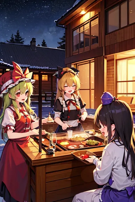 kirisame marisa (touhou)

Winter night. Its getting cold, so the characters of Touhou Project (Touhou) are having a drinking party while cooking hotpot inside the house.